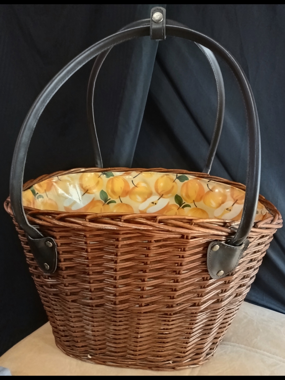 Woven Brown Tote with Yellow Fruit-Print Liner
